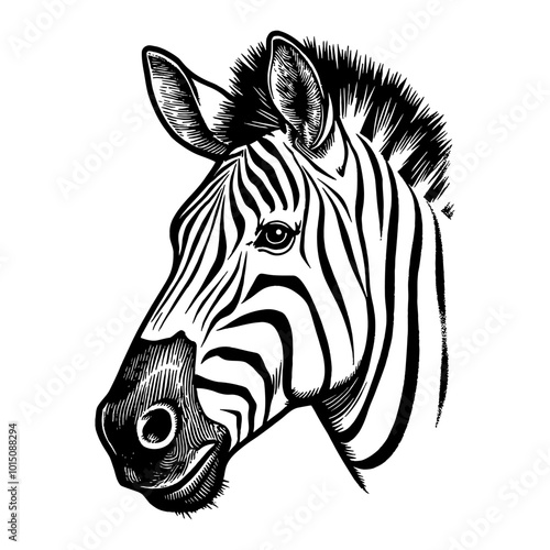 Detailed Black and White Zebra Head Illustration in Vintage Woodcut Style Drawing Art