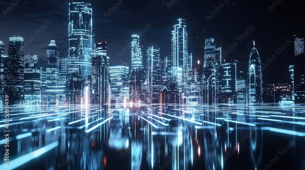 Futuristic city skyline at night with glowing neon lights reflecting on the water. Futuristic city skyline at night with glowing neon lights reflecting on the water.