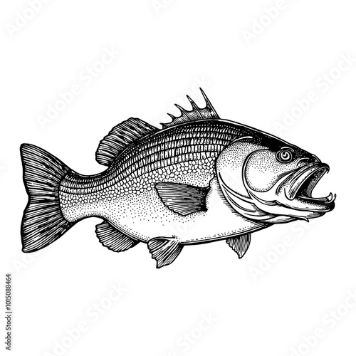 Detailed Black and White Engraving of a Bass Fish in Retro Ink Sketch Illustration Style