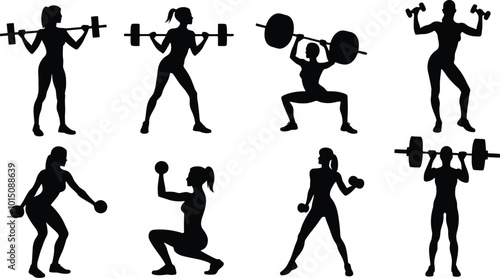 Set or collection of various woman sports exercising silhouettes.