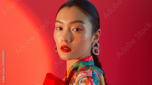 chinese women with julery over red background  photo