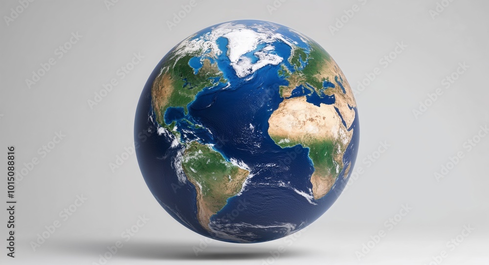 Fototapeta premium 3D planet Earth globe floating on a plain white background.