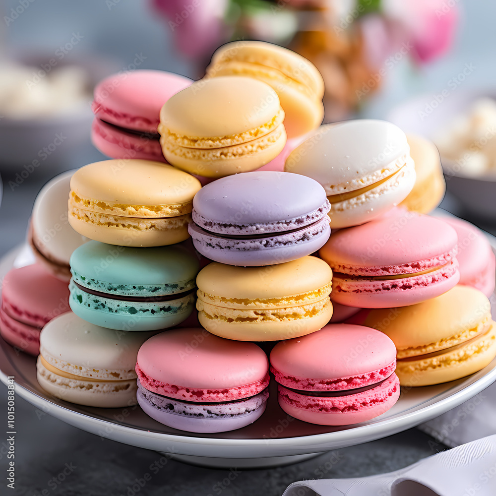 Obraz premium A stack of colorful macarons on a plate. 