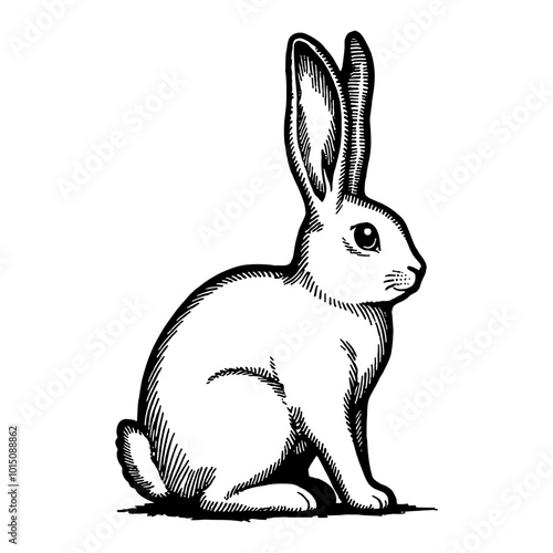 Detailed Vintage Woodcut Illustration of a Bunny in Profile View in Black and White Art