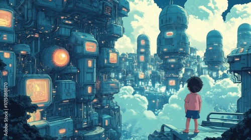 Horizontally composed hand-drawn illustration of a baby exploring a futuristic, technological wonderland