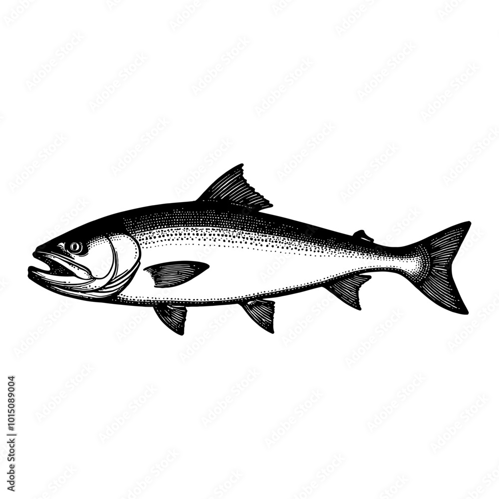 Fototapeta premium Detailed Vintage Cod Fish Engraving Illustration in Black and White Retro Graphic Art Style