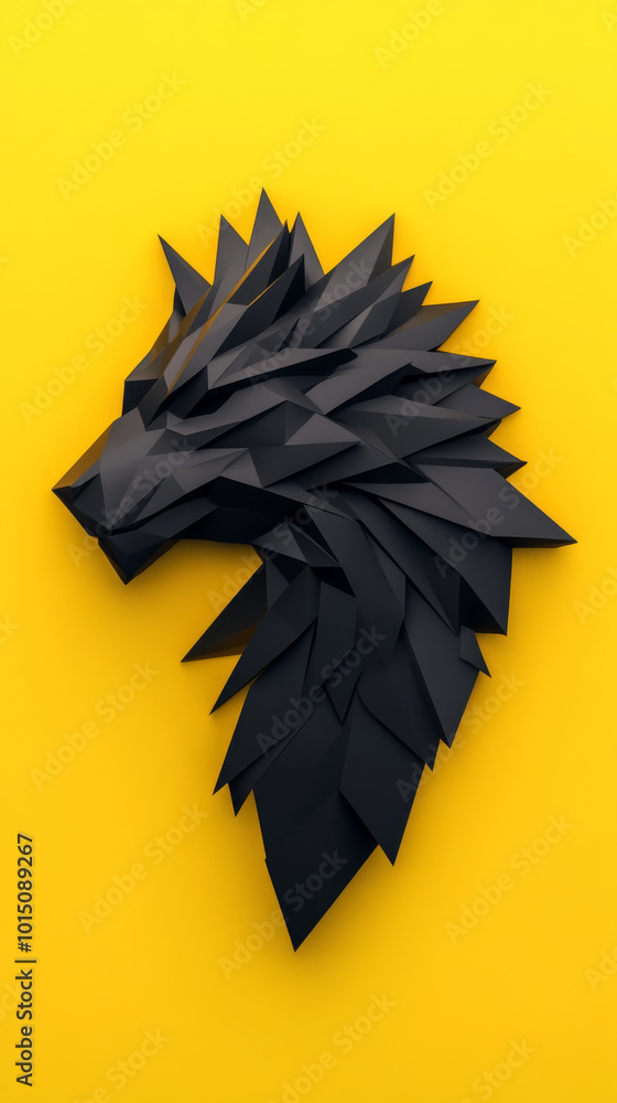 Fototapeta premium Geometric wolf head in black, against a yellow background.