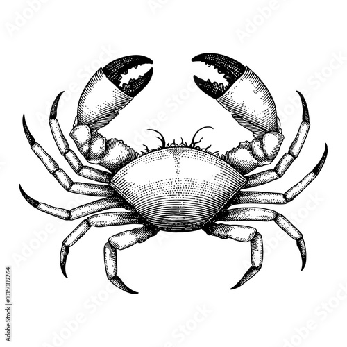 Detailed Antique Black and White Illustration of a Crab Top View in Engraved Design Art photo