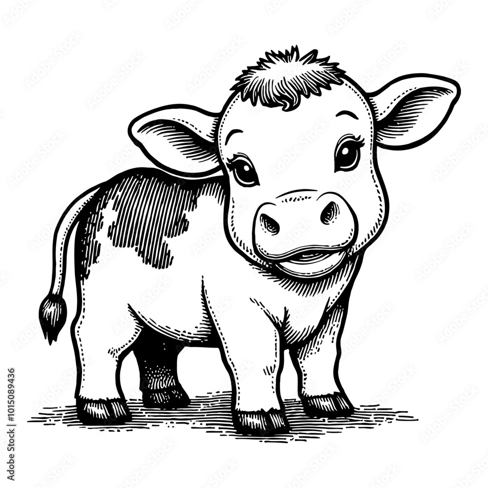 Fototapeta premium Charming Detailed Vintage Baby Cow Illustration in Black and White Retro Engraving Style