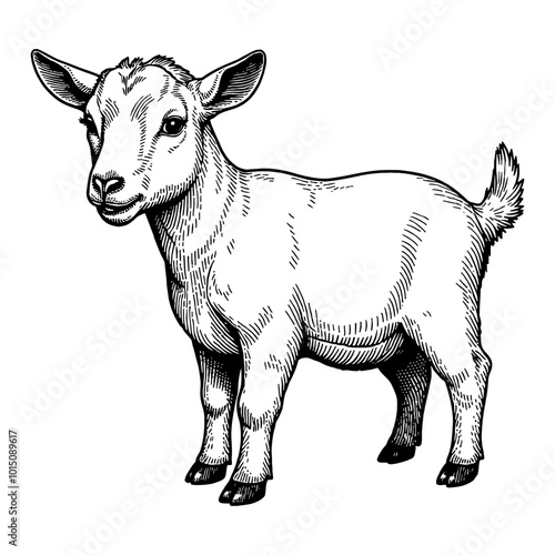 Cute Baby Goat in Detailed Black and White Retro Woodcut Ink Illustration Art Design