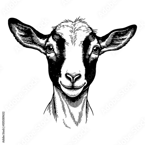 Cute Baby Goat Head Illustration in Detailed Black and White Engraved Vintage Design Art