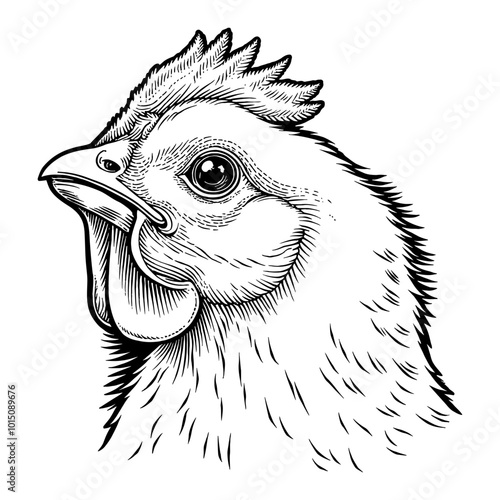 Detailed Black and White Illustration of a Cute Baby Hen Head in Fine Ink Drawing Style photo