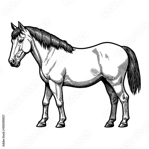 Cute Horse Side View in Detailed Black and White Hand Drawn Vintage Illustration Style