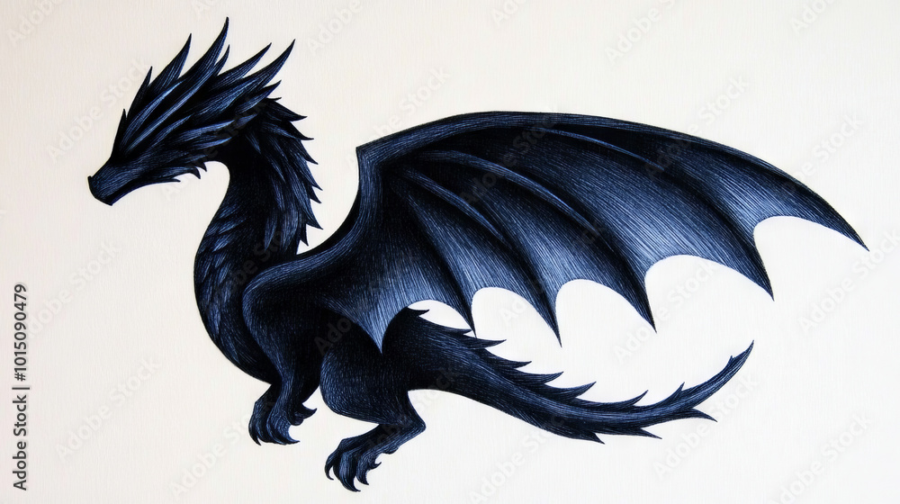 A detailed illustration of a black dragon, its wings spread wide against a white background. A detailed illustration of a black dragon, its wings spread wide against a white background.