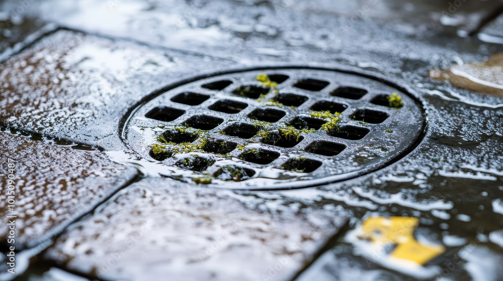 Close-up of a wet street drain surrounded by water, showing green moss and a textured stone surface Close-up of a wet street drain surrounded by water, showing green moss and a textured stone surface