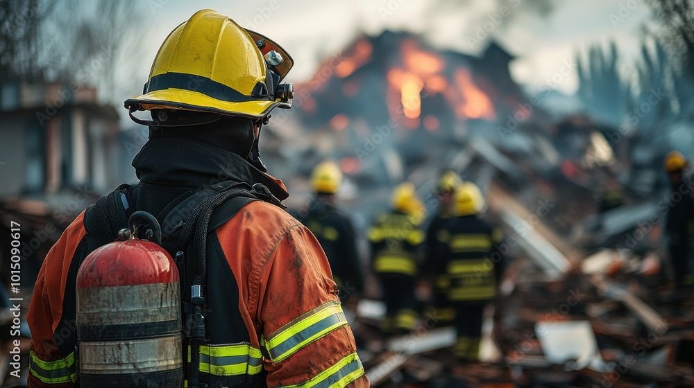Firefighters and paramedics coordinating efforts at the site of a major disaster, demonstrating their teamwork and professionalism in action Firefighters and paramedics coordinating efforts at the site of a major disaster, demonstrating their teamwork and professionalism in action