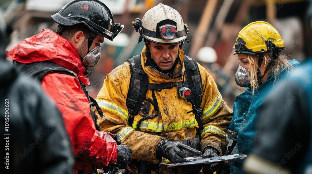Firefighters and paramedics coordinating efforts at the site of a major disaster, demonstrating their teamwork and professionalism in action Firefighters and paramedics coordinating efforts at the site of a major disaster, demonstrating their teamwork and professionalism in action