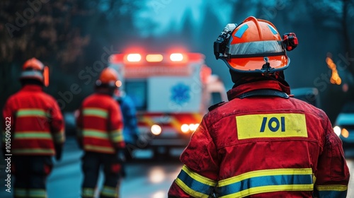 Firefighters and paramedics working side by side at the scene of a serious accident, with a focus on their collaborative efforts and professional attire