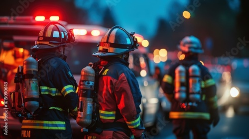 Firefighters and paramedics working side by side at the scene of a serious accident, with a focus on their collaborative efforts and professional attire