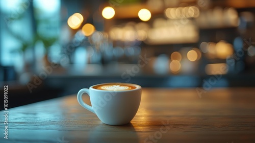 Classic espresso cup with a blurred modern cafe background