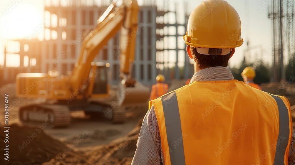 Hotel construction site with heavy machinery, workers in protective gear, hotel under construction, industrial progress Hotel construction site with heavy machinery, workers in protective gear, hotel under construction, industrial progress