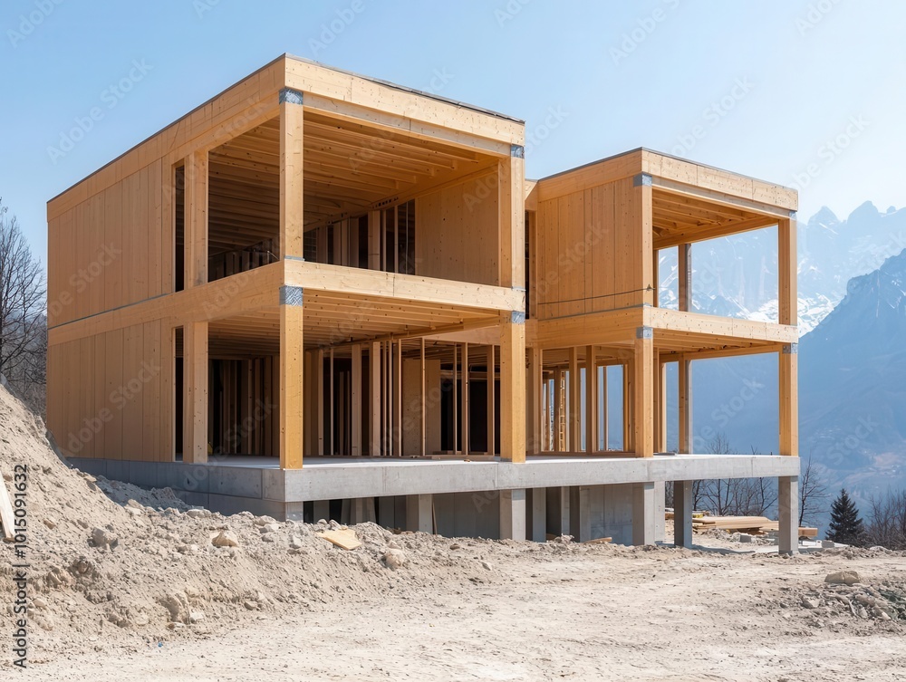 Obraz premium Mountain hotel under construction with timber frame, eco-friendly materials, hotel under construction, sustainable mountain lodge