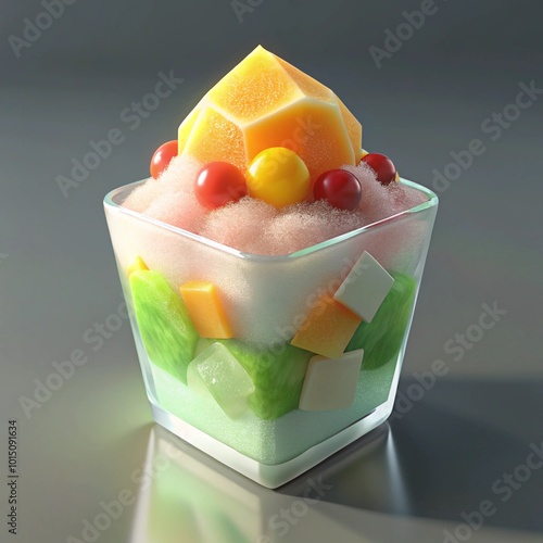 The toppings for these shaved ice treats, such as four fruits, tapioca, grass jelly, and aiyu, are often vibrant in color, crystal clear, or shaped like cubes, making them visually stunning and almost photo