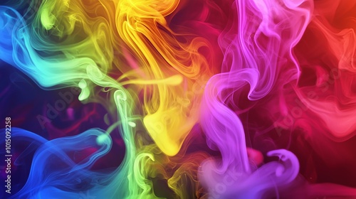 Colorful abstract smoke in vibrant hues of rainbow swirling together to create a dynamic and artistic composition.