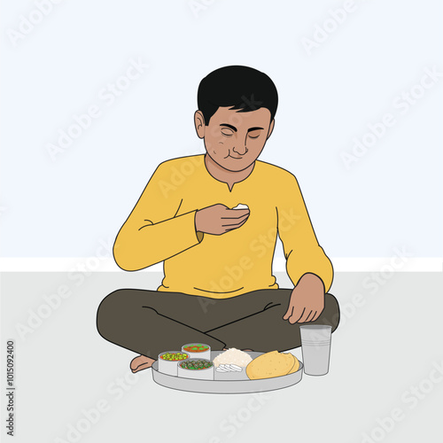 Indian man eating food cartoon character. Man eating Indian food. Eating Indian food cartoons. Man eating food cartoon. Indian man eating food cartoon, vector, illustrations, art, graphic, stock.