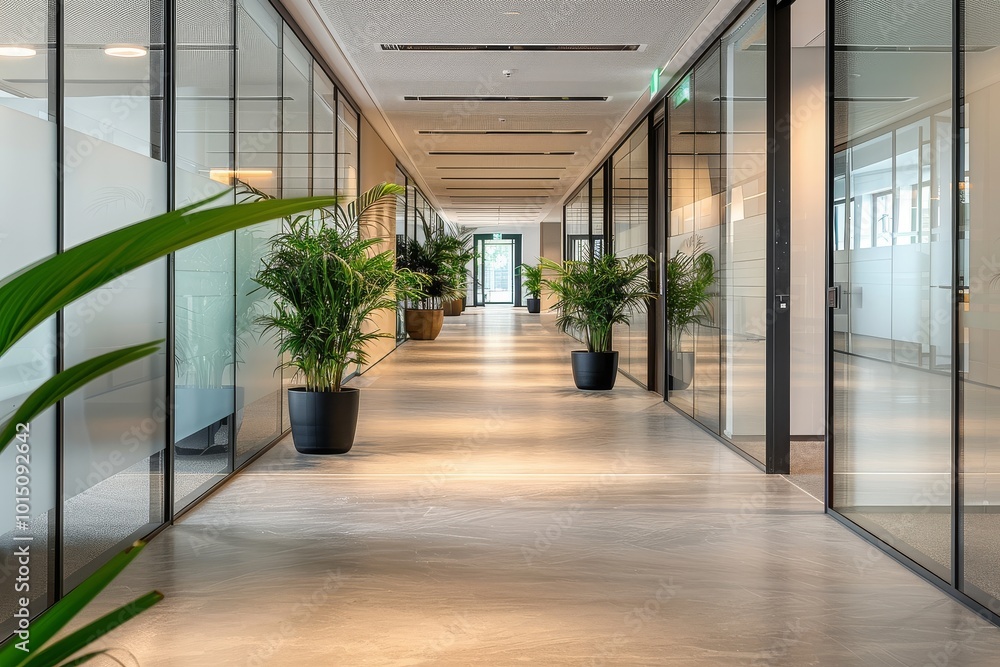 Modern office interior featuring a long corridor with glass walls, concrete floor, white walls, and plants in black pots illuminated by daylight. Modern office interior featuring a long corridor with glass walls, concrete floor, white walls, and plants in black pots illuminated by daylight.