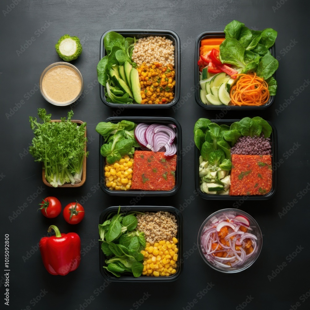 A set of plastic take-out containers featuring nutritious food. Many lunchboxes filled with delectable, nutritious daily meals, such as meat, veggies, fruits, and snacks, dark background top view A set of plastic take-out containers featuring nutritious food. Many lunchboxes filled with delectable, nutritious daily meals, such as meat, veggies, fruits, and snacks, dark background top view