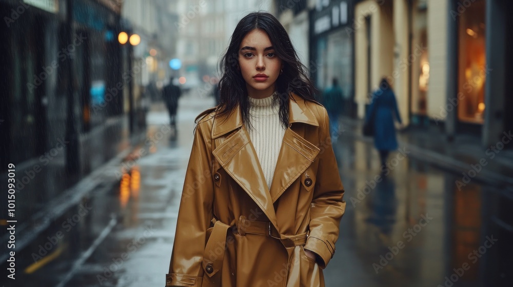 Obraz premium Woman In Brown Trench Coat Walking in City