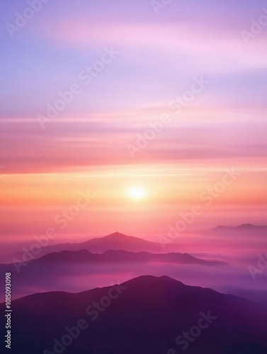 Mountain peaks landscape in pink morning sunlight