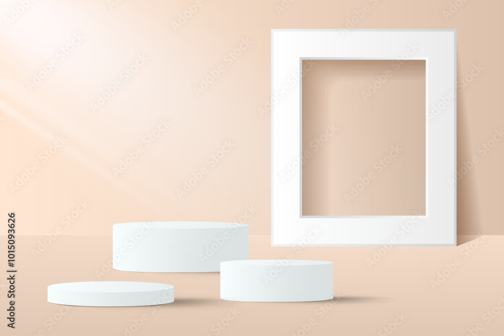 Abstract 3D beige podium with white frame background. Modern minimalist mockup for product display presentation. Realistic beige cylinder pedestal podium. Abstract 3D beige podium with white frame background. Modern minimalist mockup for product display presentation. Realistic beige cylinder pedestal podium.