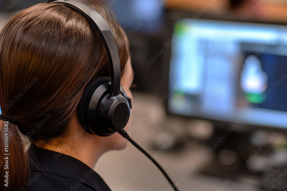 Rear view of a woman with a headset, engaging in a call, showcasing a professional work setting. Rear view of a woman with a headset, engaging in a call, showcasing a professional work setting.