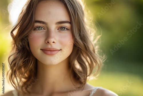 Beautiful teen girl smiling in nature, enjoying golden hour light