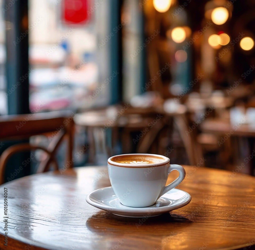 Coffee cup and saucer on old table, french cafe interior. Coffee cup and saucer on old table, french cafe interior.