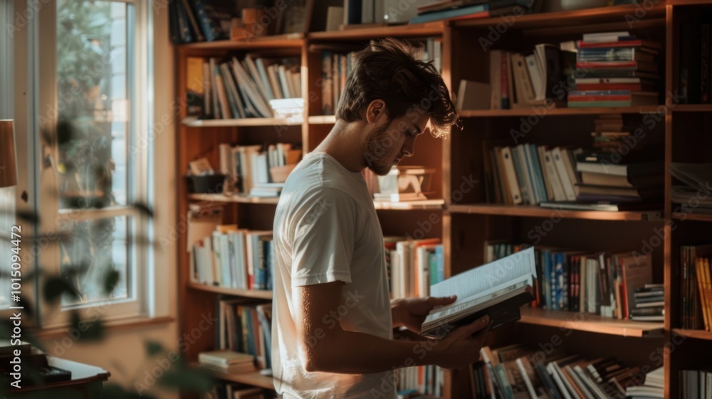 A Man Reading a Book in a Library with Sunlight Streaming Through a Window