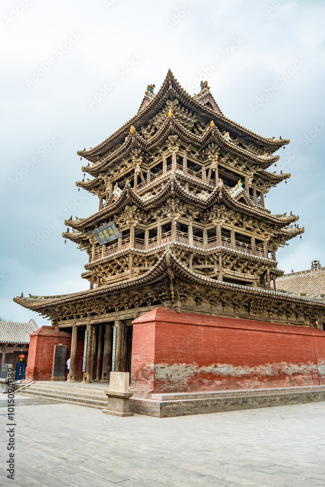 Asian Chinese historical tourist attractions, Feiyun Tower on a rainy day, a pure wooden tower pavilion ancient building. The word Asian Chinese historical tourist attractions, Feiyun Tower on a rainy day, a pure wooden tower pavilion ancient building. The word