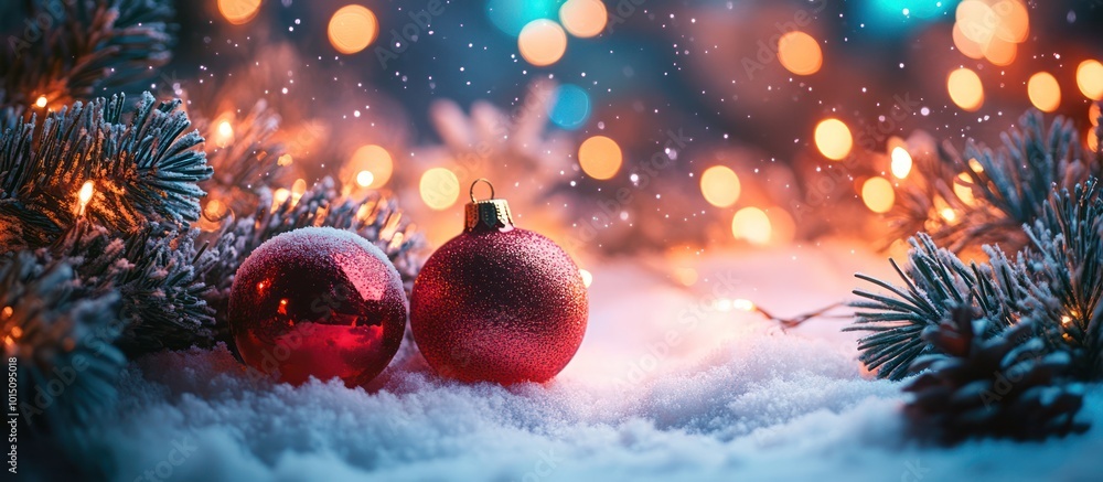 Two red Christmas ornaments nestled in snow with a pine branch in the foreground and a bokeh background of warm lights. Two red Christmas ornaments nestled in snow with a pine branch in the foreground and a bokeh background of warm lights.