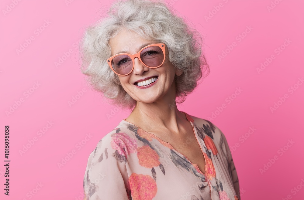 Stylish senior woman smiling wearing sunglasses on pink background Stylish senior woman smiling wearing sunglasses on pink background