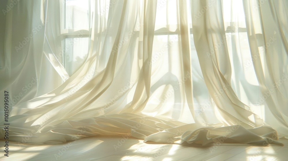 Sunlight streams through sheer white curtains, casting a warm glow on the wooden floor. Sunlight streams through sheer white curtains, casting a warm glow on the wooden floor.