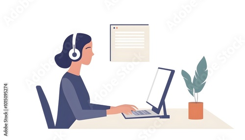 Woman Working on a Computer with Headphones On