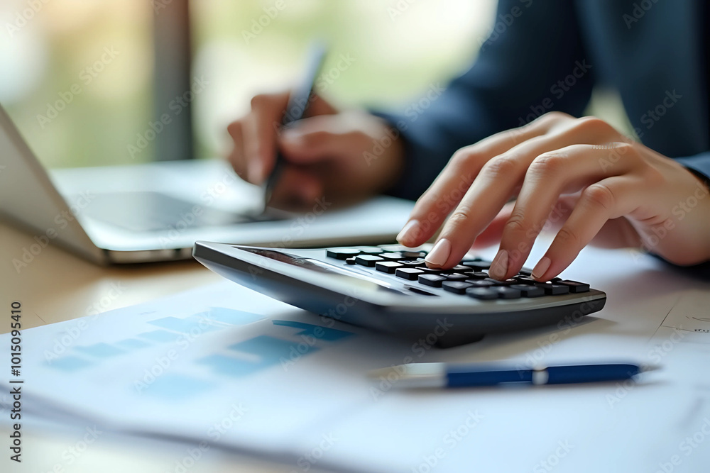 Close up of businessman hands making financial report. Tax audit, planning - Generative AI Close up of businessman hands making financial report. Tax audit, planning - Generative AI