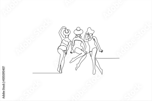 three women in swimsuits are sitting on the beach