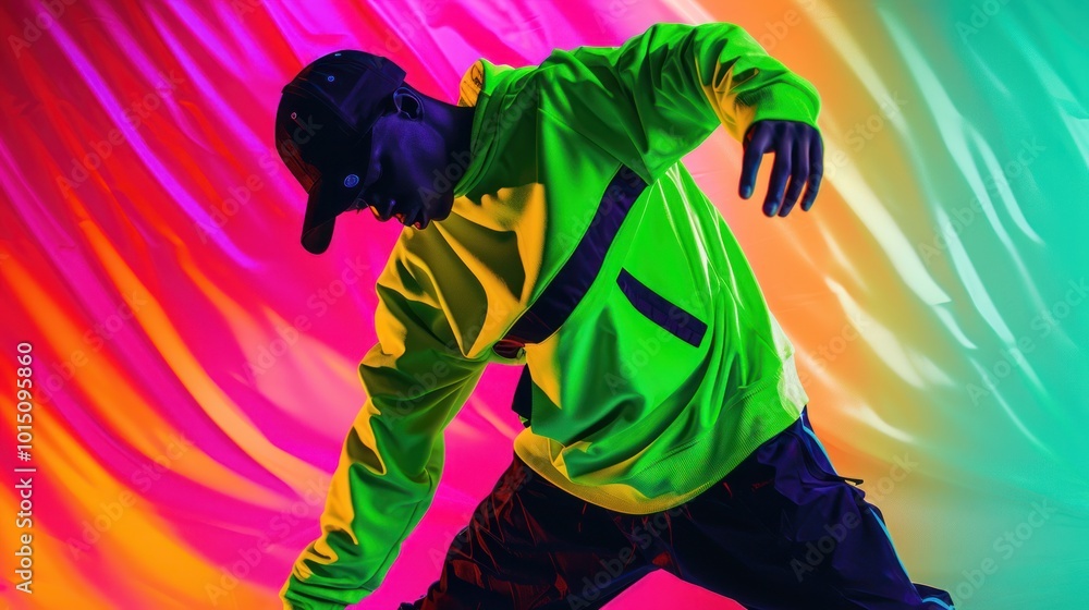 A Male Dancer Posing in a Green Hoodie and Black Cap Against a Colorful Background A Male Dancer Posing in a Green Hoodie and Black Cap Against a Colorful Background