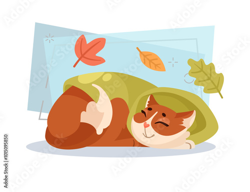 Cute cat sleeping under blanket vector illustration. Cartoon domestic animal character at home. Leaves on abstract background. Autumn or fall, pet concept