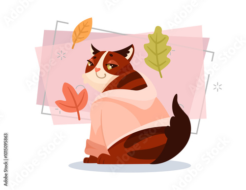 Cute cat character in warm clothes vector illustration. Cartoon domestic animal sitting at home. Leaves on abstract background. Autumn or fall, pet concept