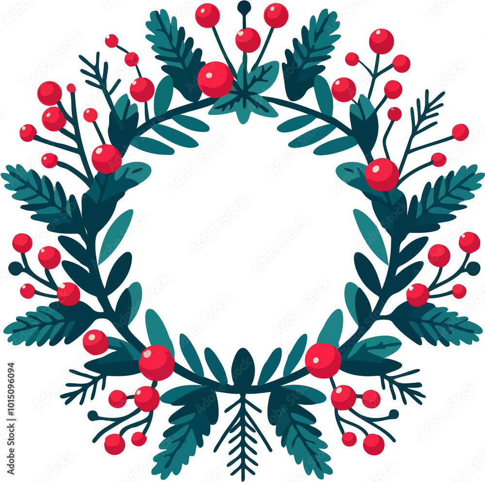 Holiday Wreath with Red Berries and Greenery, Festive Flat Illustration Holiday Wreath with Red Berries and Greenery, Festive Flat Illustration