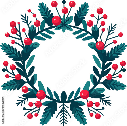 Holiday Wreath with Red Berries and Greenery, Festive Flat Illustration